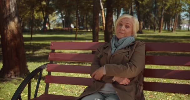 Sorgsen mogen kvinna sitter på bänk i parken, känner sig ensam, depression på ålderdomen — Stockvideo