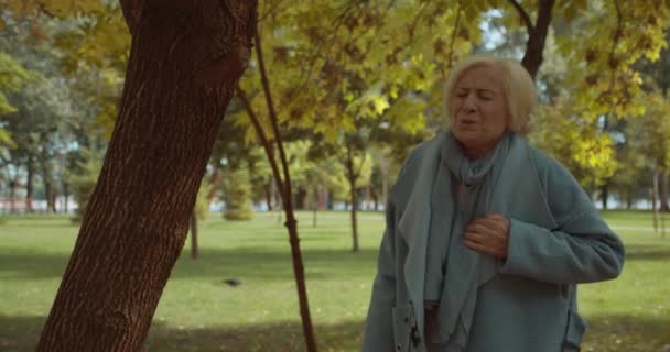 Senior kvinna känner bröstsmärta, promenader i parken, hjärtinfarkt, hälsovård — Stockvideo