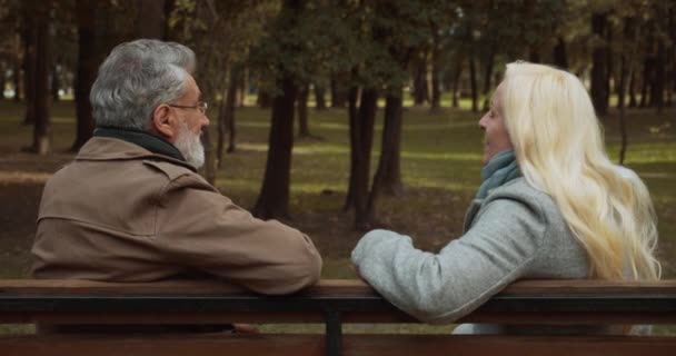 공원 벤치에 앉아 이야기하는 남녀 친구들의 대화 — 비디오