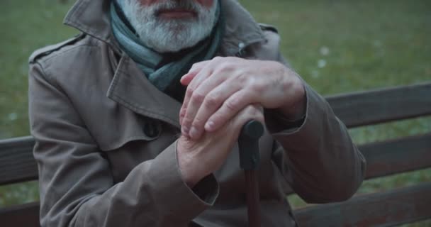 Hombre mayor frotándose las manos, apoyándose en el bastón, sintiendo frío, descansando — Vídeos de Stock