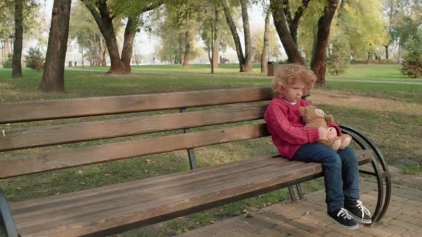 Little boy crying, hugging teddy bear toy in park, lost child feeling stressed — Stock Video