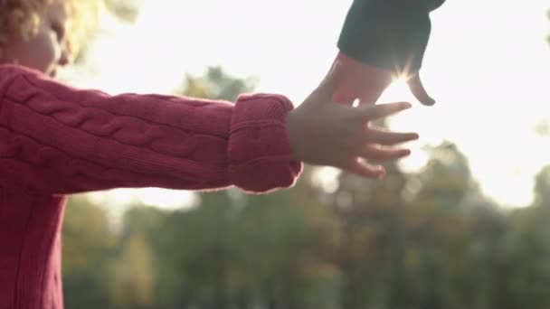 Dítě držící matku za ruku, procházející se společně v parku, rodinná podpora, rodičovství — Stock video