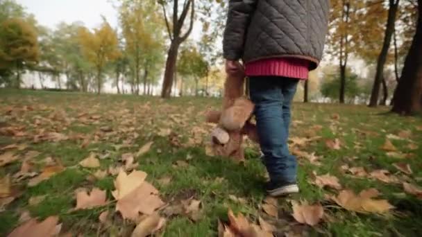 Parkta yürüyen yalnız çocuk, elinde oyuncak, sosyal açıdan savunmasız aile, sorunlar. — Stok video