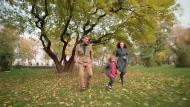 Jovem família alegre brincando com o filho no parque, se divertindo juntos, parentalidade — Vídeo de Stock