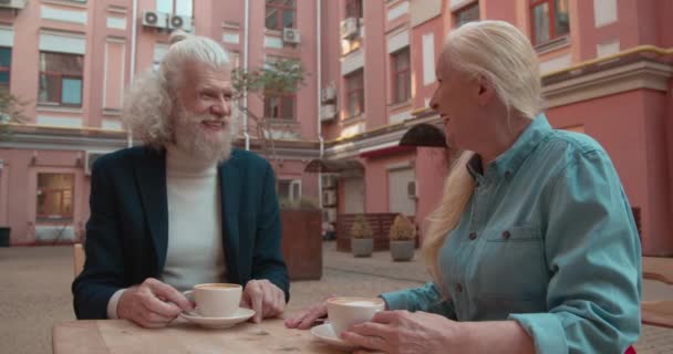 Milující pár seniorů klábosí v kavárně, muž hladí ruku manžela — Stock video