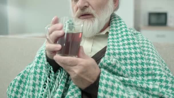 Pensionista canoso cubierto de manta bebiendo té, sentado en casa, descansando — Vídeos de Stock