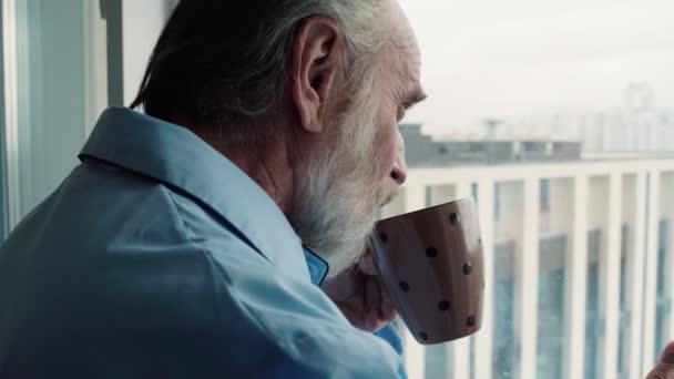 Glad mogen man dricker te, tittar på staden genom fönsterglas, pension — Stockvideo