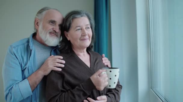 Gelukkig stel gepensioneerden die thuis genieten van uitzicht op de stad, thee drinken — Stockvideo