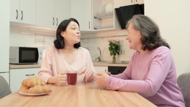 Oudere vrouw in gesprek met dochter in de keuken, nauwe familie relatie, ondersteuning — Stockvideo