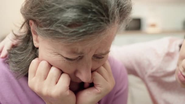 Mujer amable reconfortante madre llorando en casa, cuidado familiar, estrecha relación — Vídeo de stock