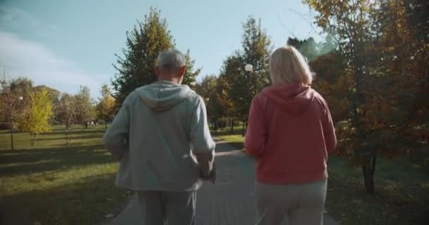 Senior homme et femme jogging dans le parc ensemble, mode de vie sain, couple sportif — Video
