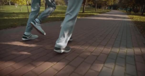 Dos corredores en calzado deportivo haciendo entrenamiento en el parque, actividad saludable regular — Vídeos de Stock