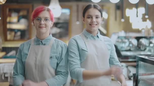 Camareras jóvenes en delantales sonriendo a la cámara, brazos plegables, personal del restaurante — Vídeos de Stock