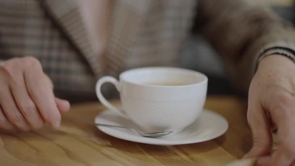 女人在茶中加糖，用勺子搅拌，在咖啡店里喝热饮 — 图库视频影像