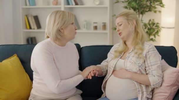El cuidado de la mujer reconfortante hija embarazada, apoyo familiar durante el embarazo — Vídeos de Stock