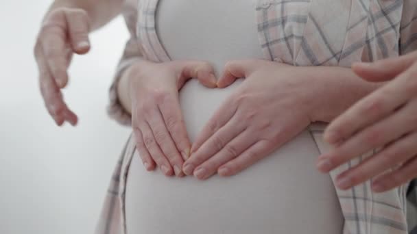 Νεαρό ζευγάρι κρατώντας τα χέρια, που δείχνει την καρδιά σημάδι στην κοιλιά έγκυος, οικογενειακή αγάπη — Αρχείο Βίντεο