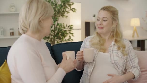 Feliz embarazada hablando con la madre en casa, bebiendo té, apoyo familiar — Vídeos de Stock