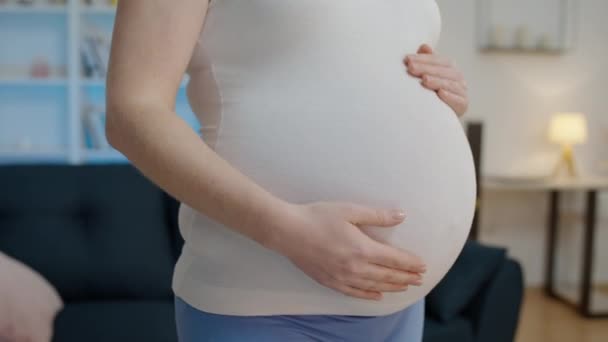 Mladá žena hladí břicho, očekává dítě, vývojové stádium plodu, trimestr — Stock video