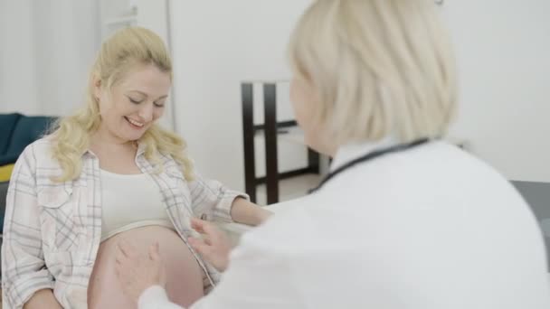 Mujer embarazada feliz hablando con obstetra durante la consulta en la clínica — Vídeo de stock