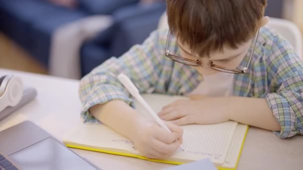Niño Con Anteojos Haciendo Tarea Cuaderno Escuela Primaria — Vídeo de stock