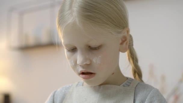 Concentrated Little Girl Kneading Dough Kitchen Learning Make Cookies — Stock Video