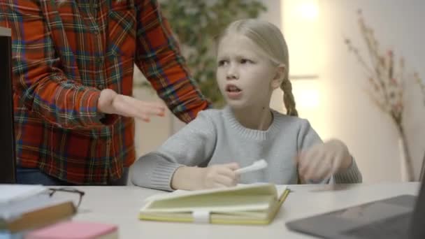 Strict Mom Scolding Little Daughter Bad Grades Child Ignoring Her — Stock Video