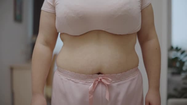 Παχύσαρκη Γυναίκα Που Θηλάζει Στο Στομάχι Υγιεινή Διατροφή Αποτελεσματική Διατροφή — Αρχείο Βίντεο