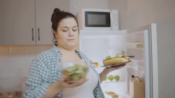 Size Woman Holding Vegetable Salad Sandwich Healthy Food Choice Diet — Stock Video