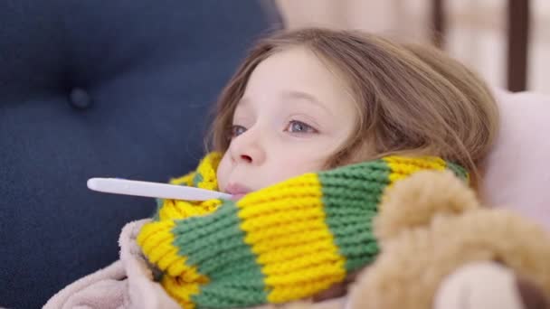 Female Kid Feeling Sick Holding Thermometer Mouth Bacterial Infection Virus — Stock Video