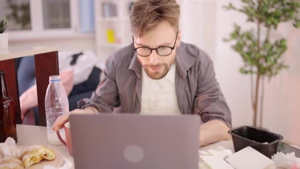 Concentrated Man Typing Laptop Working Remotely Messy Table Quarantine — Stock Video