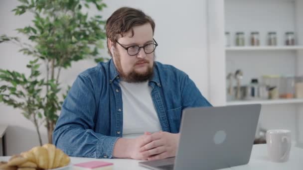 Happy Male Freelancer Sending Report Closing Laptop End Project Deadline — Stock Video