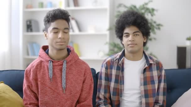 Kanepede Birbirine Gülümseyen Mutlu Erkek Gençler Kameraya Bakıyorlar Iyi Arkadaşlar — Stok video