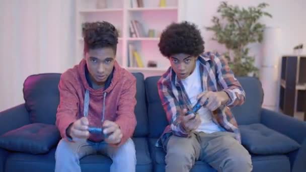 Brothers Playing Video Game Upset Loss Arguing Result Addiction — Stock Video