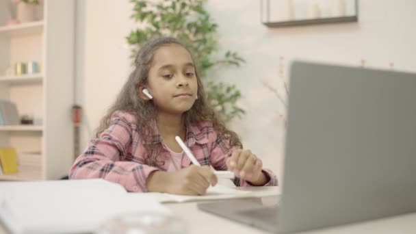 Biracial Girl Making Video Call Laptop Talking Teacher Online Studying — Stock Video