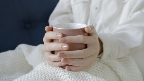 女性的手捧着一杯热茶 在家里热身 亲密接触 — 图库视频影像