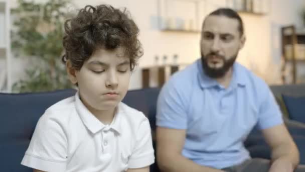 Strict Father Scolding Son Criticizing Sad Little Boy Mistake Parenting — Stock Video