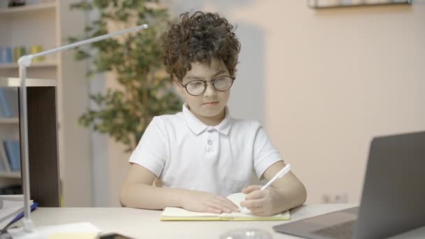 Smart Little Boy Eyeglasses Writing Notebook Smiling Camera Education — Stock Video