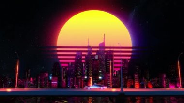 Gece yolculuğu, araba animasyonu neon ışıklı megalopolis, sentetik dalga, retro titreşim