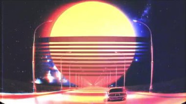 Synthwave klip arka planı, büyük aya karşı araba yolculuğu, televizyon bozulması.