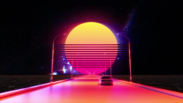 Retro Car Riding Large Moon Synthwave Retrowave Background Endless Loop — ストック動画