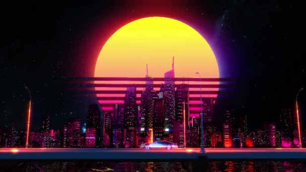アニメーション車の夜の都市の背景に対する乗馬 ヴィンテージ音楽ビデオ ゲーム — ストック動画