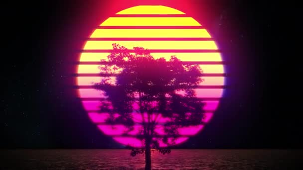 Tree Shadow Large Moon Sea Synthwave Music Video Background — Stock Video