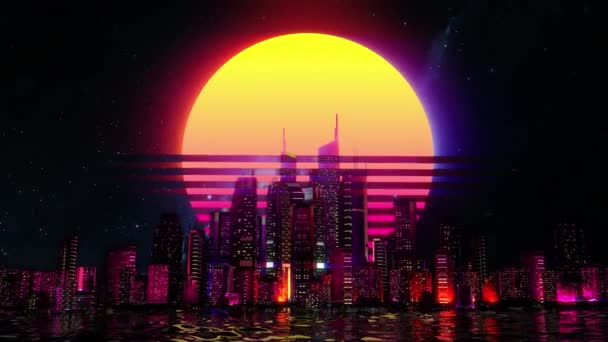 Увеличение Масштаба Большой Луне Над Ночным Городом Анимации Ретуши Sythwave — стоковое видео