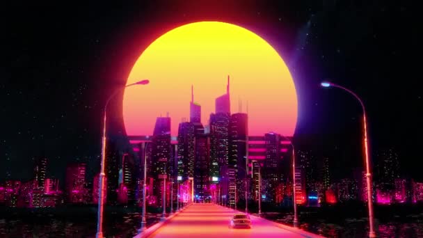 ヴィンテージビデオゲームの背景 ピンク色の月と夜の街に乗る車 — ストック動画