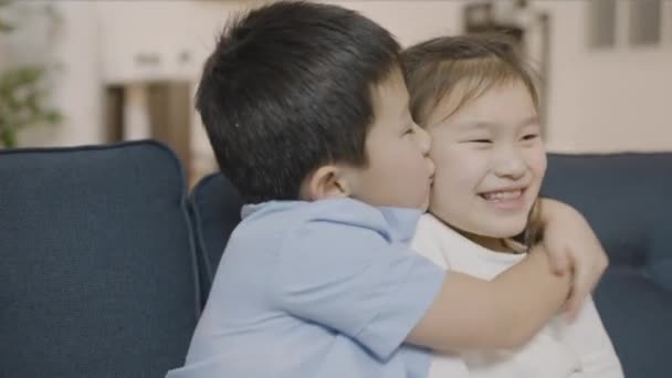 Сестра Брат Обнимаются Улыбаются Семейная Любовь Детство — стоковое видео