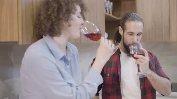 Felice Fidanzato Fidanzata Bere Vino Rosso Casa Celebrazione Romantica — Video Stock