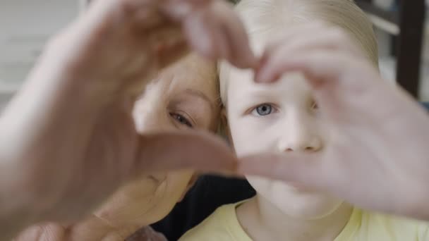 Happy Mature Woman Granddaughter Making Heart Shape Gesture Hands Love — Stock Video