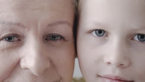 Seniorin Und Kleines Mädchen Blicken Die Kamera Gesichter Der Mehrgenerationenfamilie — Stockvideo