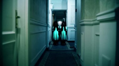 Otel koridorunda duran iki ürkütücü ikiz kız ele geçirilmiş yaratıklar, hayaletler. Paranormal olaylar, hayalet aktiviteleri, korku sahneleri.