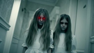 Korkunç şeytani gözleri olan iki ürkütücü küçük kız otel koridorunda büyücülük yapıyor. Paranormal olaylar, hayalet aktiviteleri, korku sahneleri.